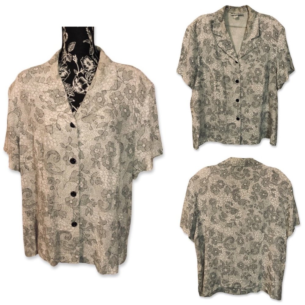 Dressbarn Collar Short Sleeve Button Up Floral Womens 20W White